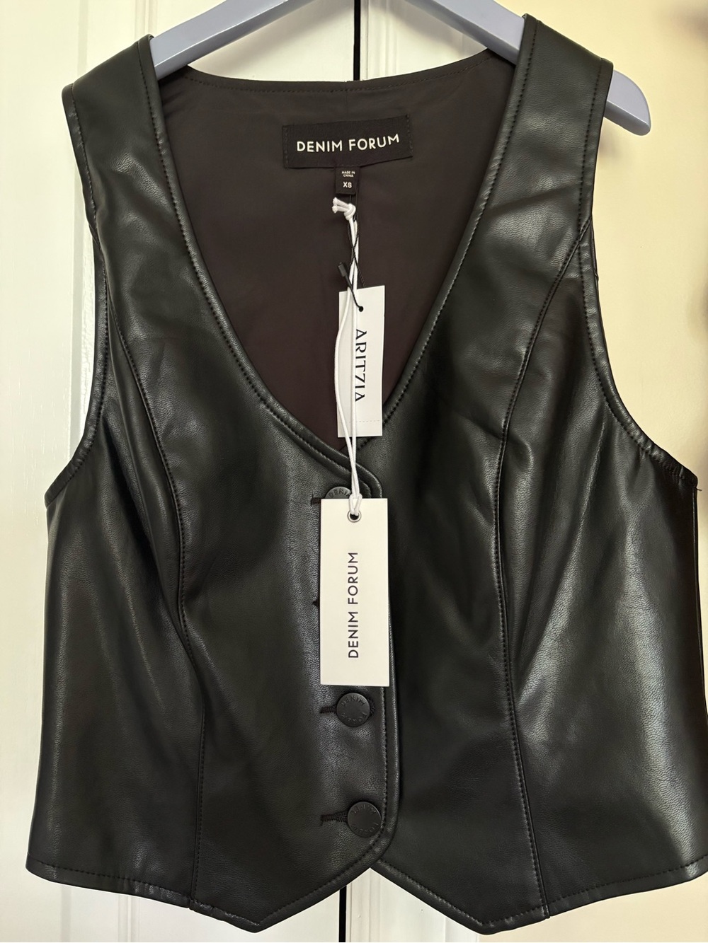 Denim Forum Black Faux Leather Button-Front Vest